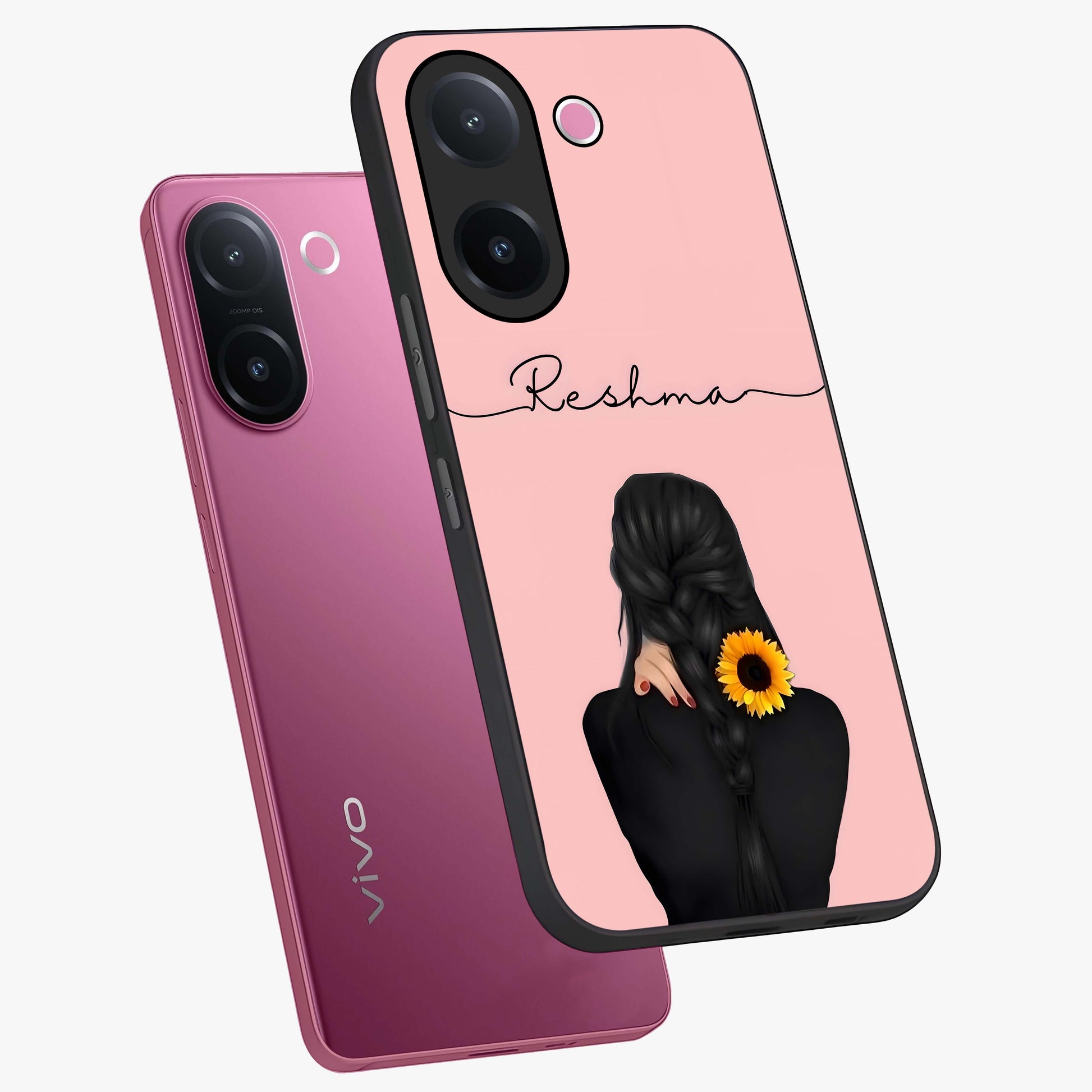 Sunflower Braid Beauty With Custom Name Glass Case displayed in angled mockup highlighting elegant sunflower design with custom name feature.