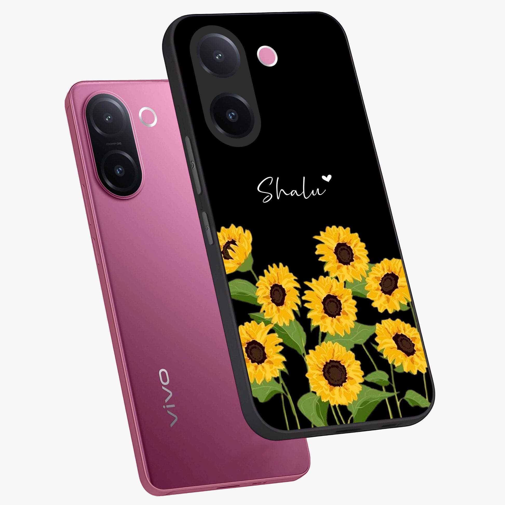 Sunflower Chic Mood Custom Name Glass Case displayed in angled mockup highlighting vibrant sunflower design with custom name feature.