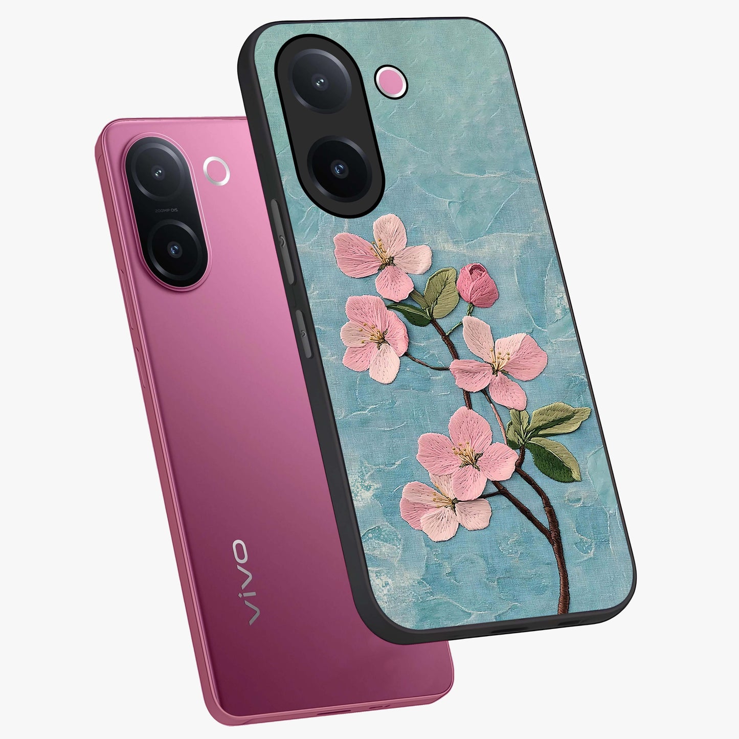 Threaded Blossom Breeze Glass Case displayed in angled mockup highlighting elegant floral design with soft aesthetic style.