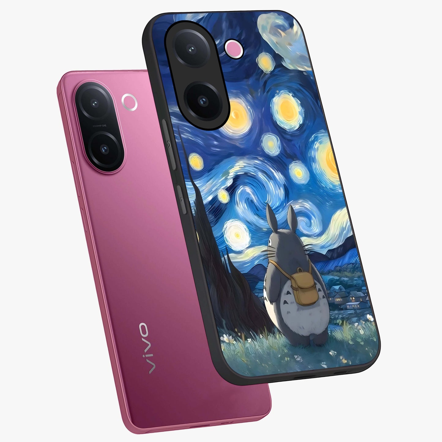Totoro In Van Gogh Art Glass Case displayed in angled mockup highlighting artistic swirling sky design with playful animation aesthetic.
