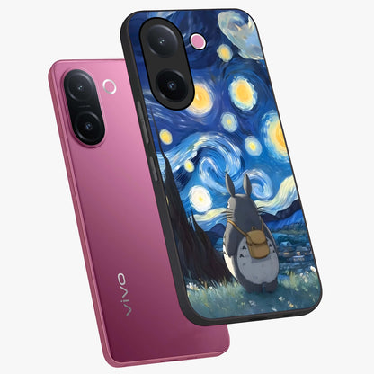 Totoro In Van Gogh Art Glass Case displayed in angled mockup highlighting artistic swirling sky design with playful animation aesthetic.