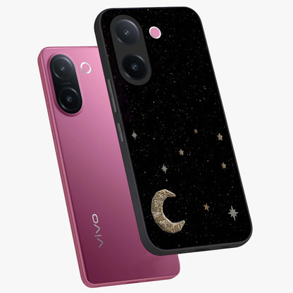 Twinkle Star With Half Moon Glass Case displayed in angled mockup highlighting celestial moon and star design with magical aesthetic.