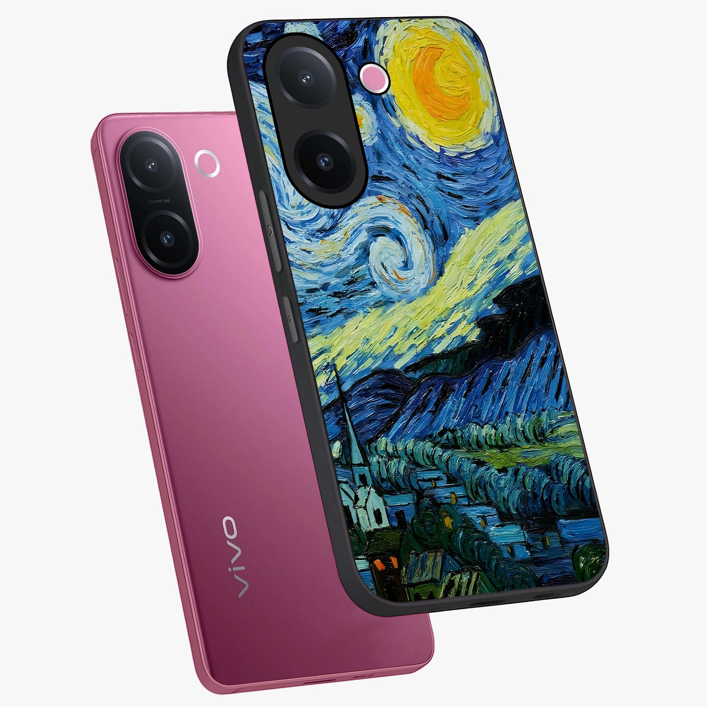 Van Gogh Art Glass Case displayed in angled mockup highlighting swirling brushstroke design with artistic aesthetic.