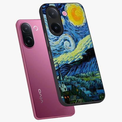 Van Gogh Art Glass Case displayed in angled mockup highlighting swirling brushstroke design with artistic aesthetic.