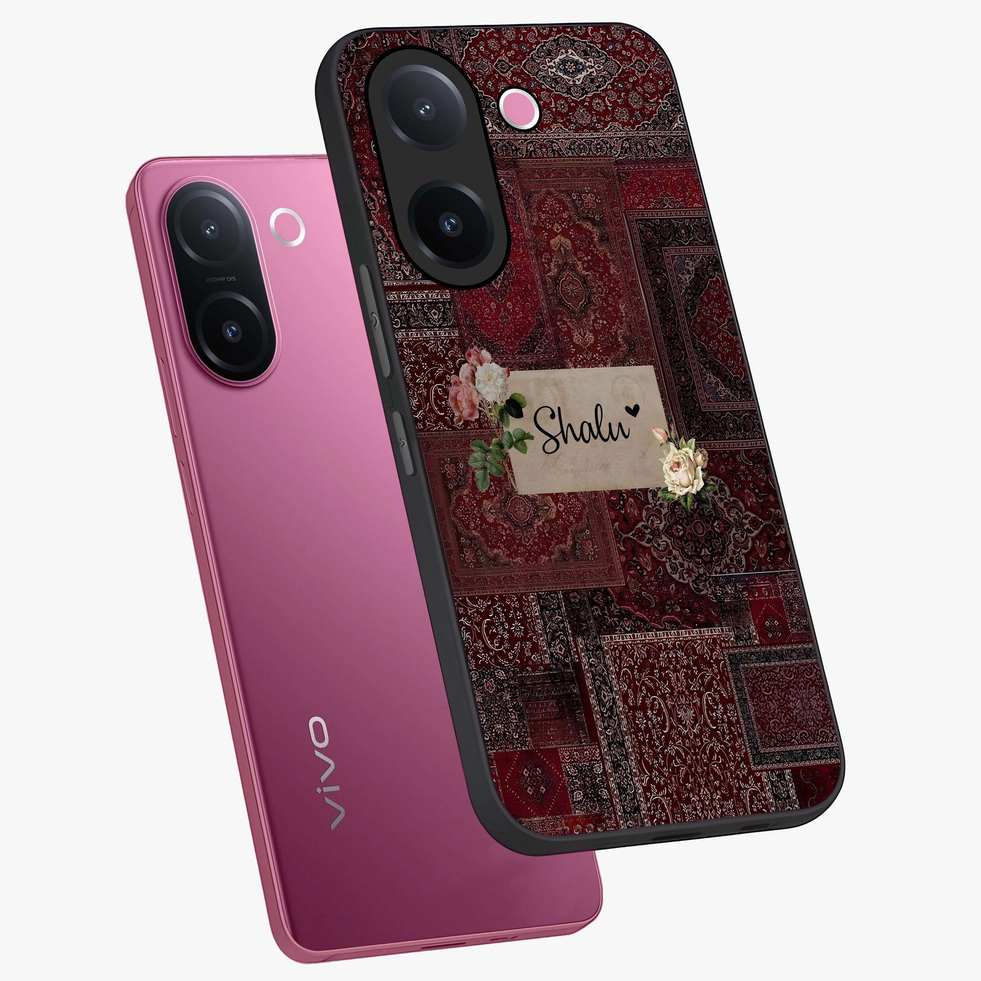 Velvet Wine Pattern Custom Name Glass Case displayed in angled mockup highlighting decorative velvet inspired design with custom name feature.