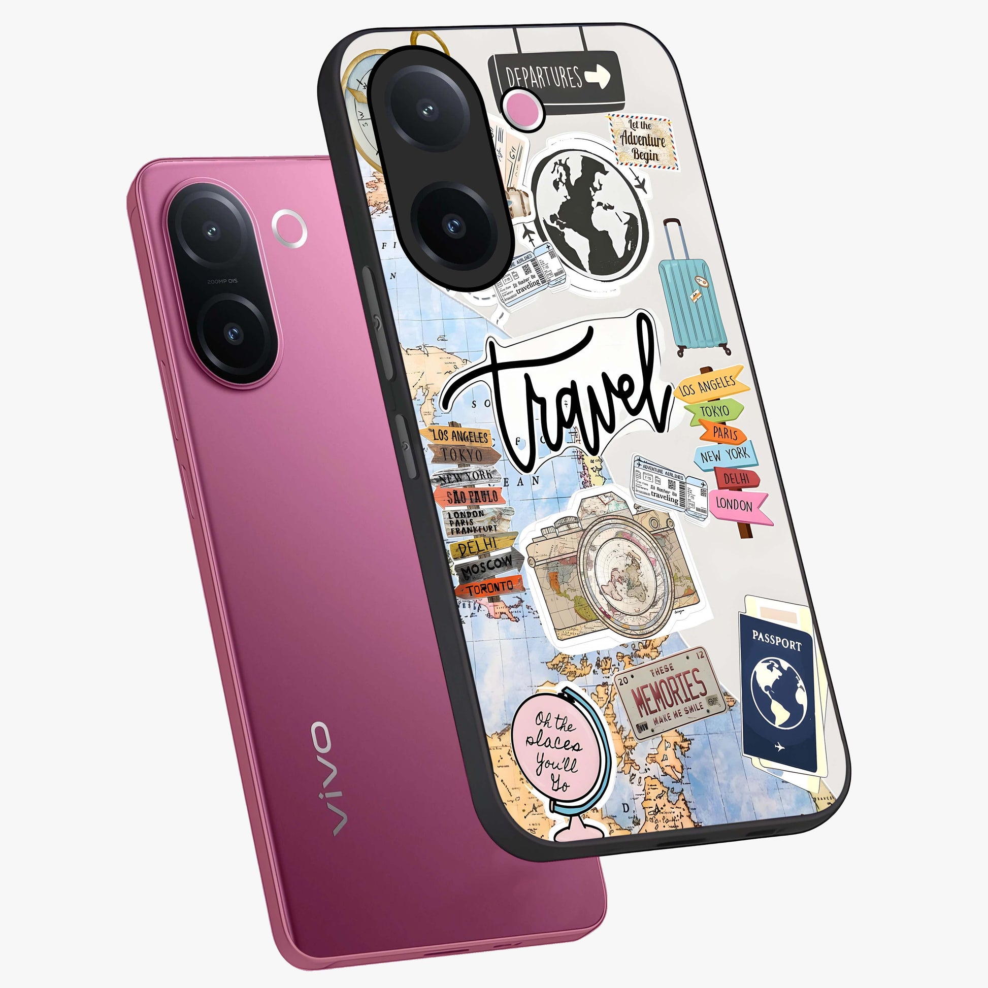 Wanderlust Journal Glass Case displayed in angled mockup highlighting adventure themed design with aesthetic travel vibe.