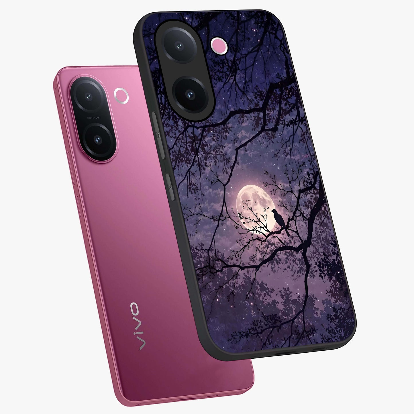 Whispering Moon Silence Glass Case displayed in angled mockup highlighting calm lunar design with dreamy night aesthetic.