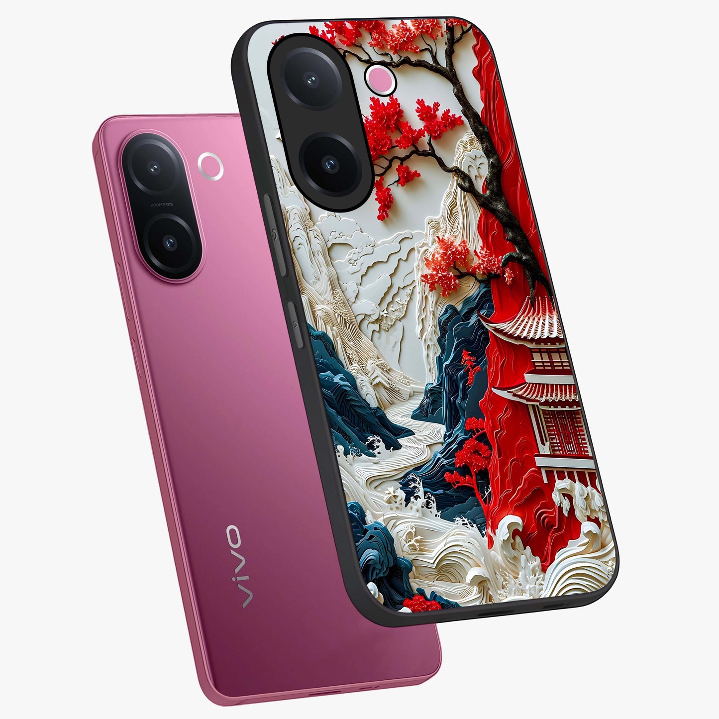 Whispers Of Sakura Waves Glass Case displayed in angled mockup highlighting flowing sakura design with soft floral aesthetic.