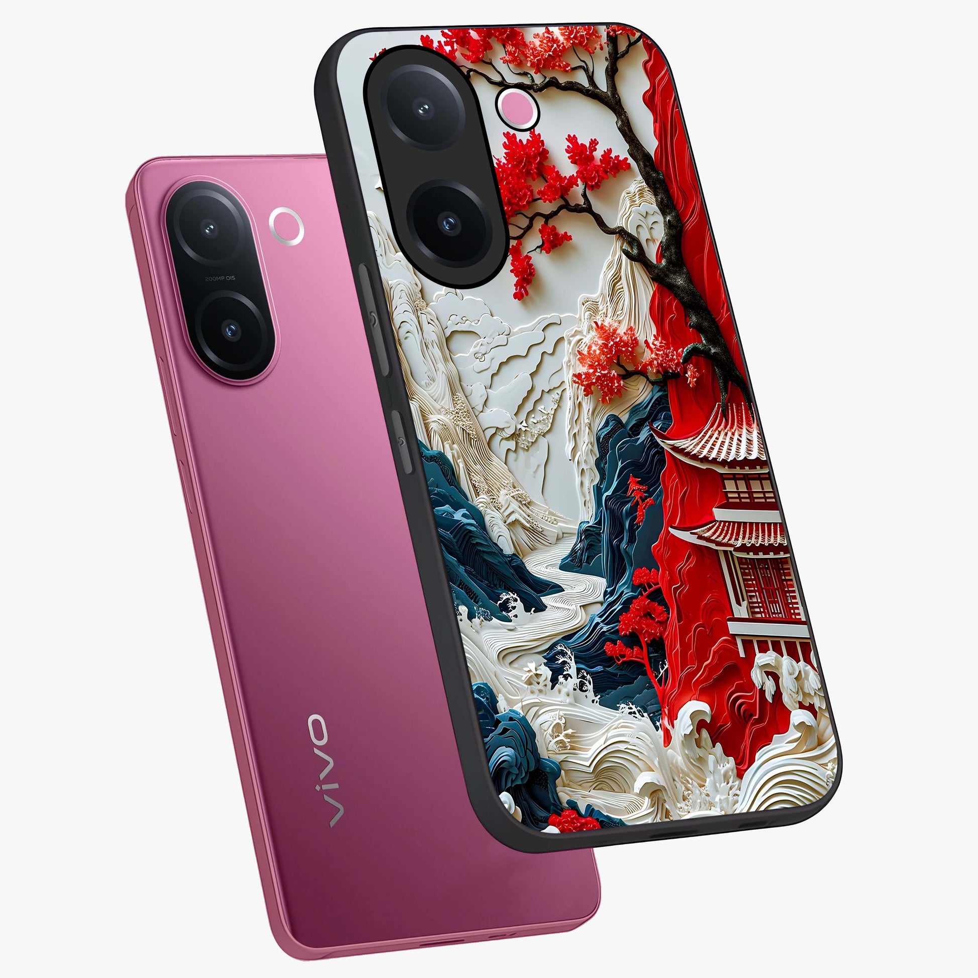 Whispers Of Sakura Waves Glass Case displayed in angled mockup highlighting flowing sakura design with soft floral aesthetic.