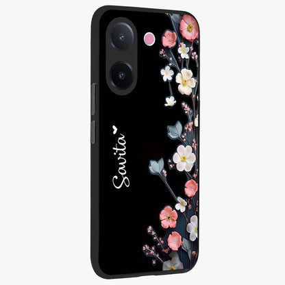 Black Elegance Floral Custom Name Glass Case upright view showcasing luxurious black floral design with personalized name detail.