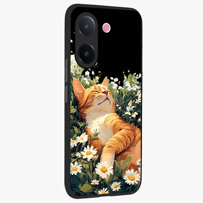 Blissful Bloom Cat Glass Case upright view showcasing charming cat design surrounded by blooming floral elements.