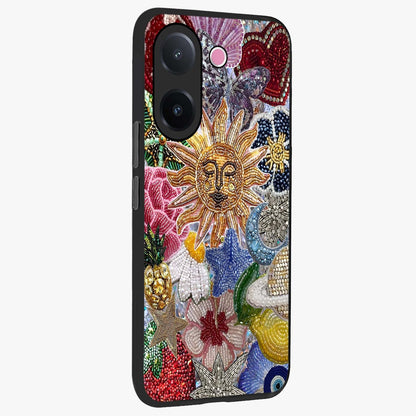Celestial Floral and Playful Glass Case upright view showcasing whimsical floral artwork with cosmic aesthetic theme.