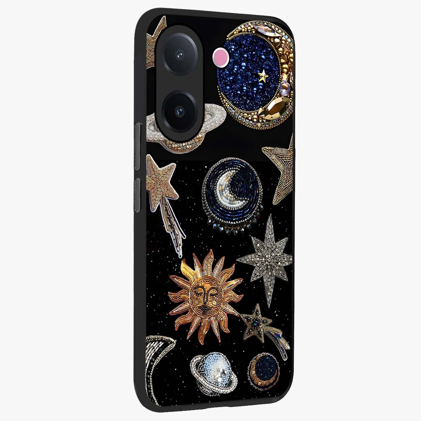 Celestial Gem Constellations Glass Case upright view showcasing cosmic constellation artwork with celestial aesthetic style.