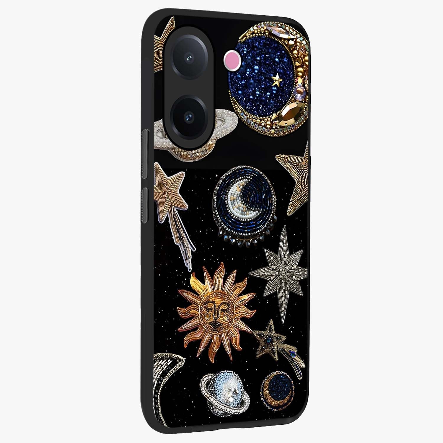 Celestial Gem Constellations Glass Case upright view showcasing cosmic constellation artwork with celestial aesthetic style.