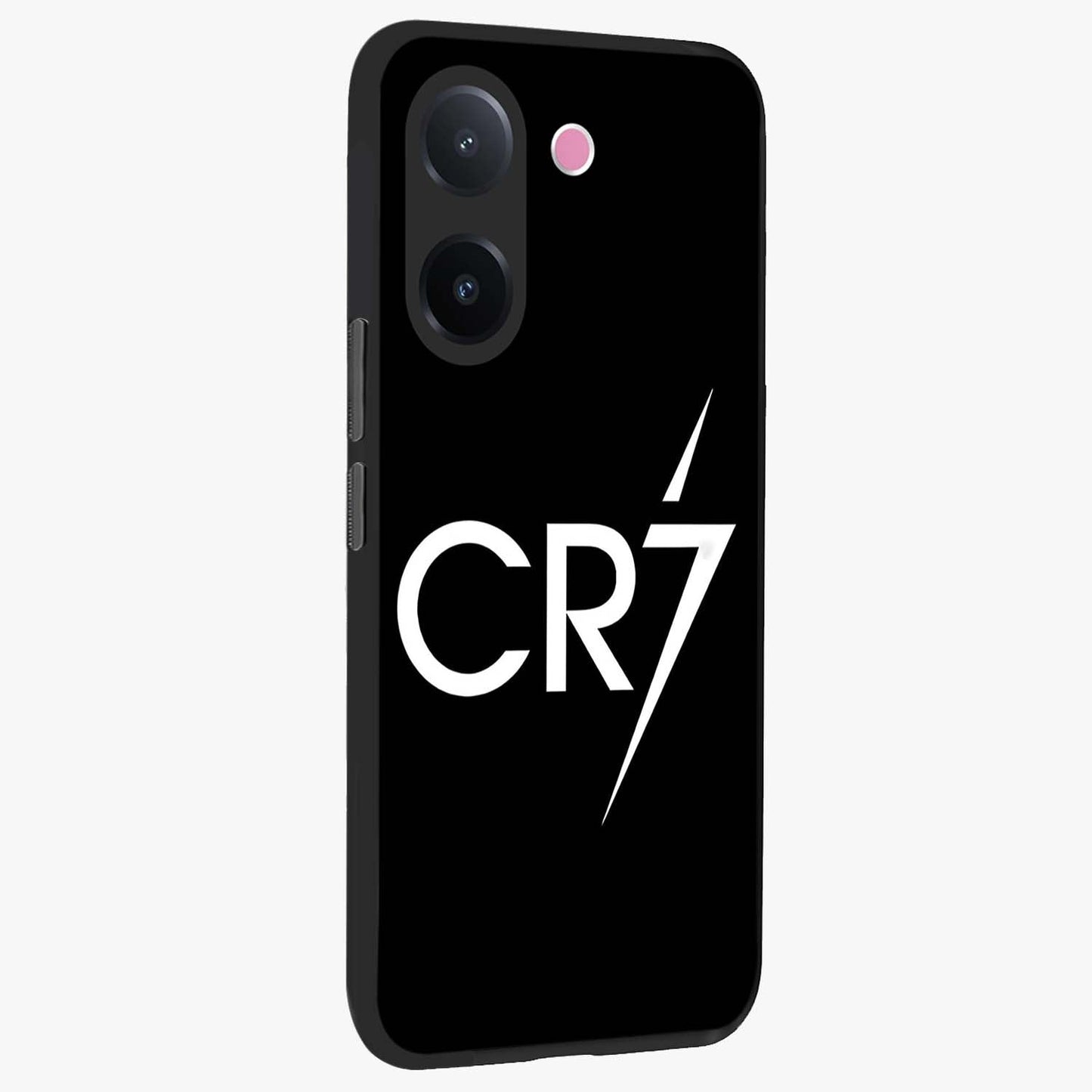Cr7 Elite Strike Glass Case upright view showcasing energetic football inspired design with modern sports aesthetic.