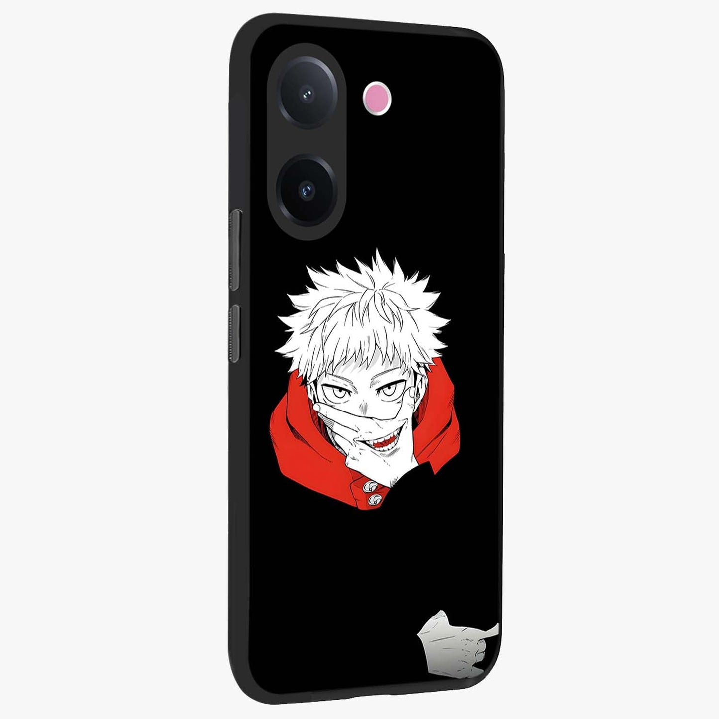 Crimson Chaos Smile Glass Case upright view showcasing expressive chaotic artwork with striking visual theme.