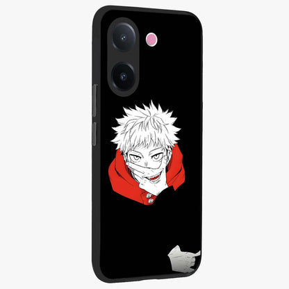 Crimson Chaos Smile Glass Case upright view showcasing expressive chaotic artwork with striking visual theme.