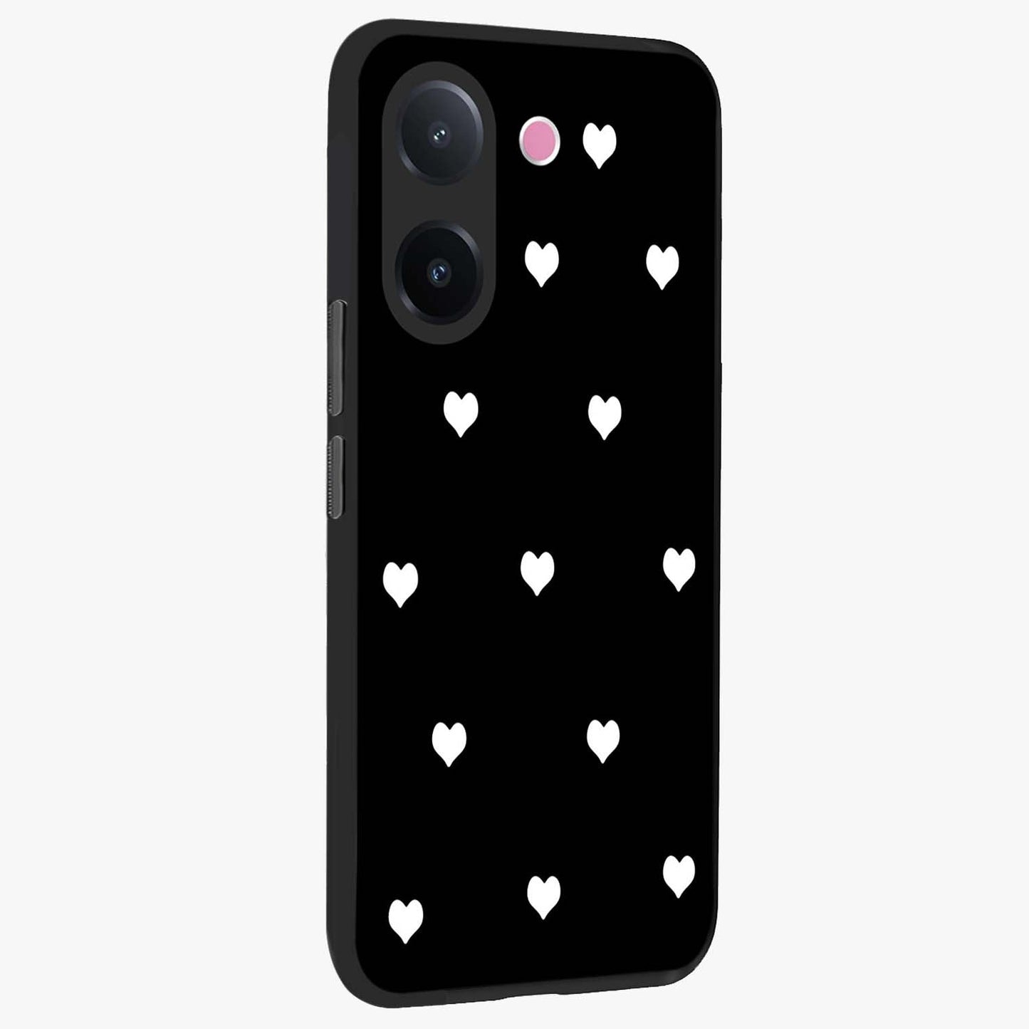 Cute And Simple White Hearts Glass Case upright view showcasing simple white hearts artwork with soft minimal theme.