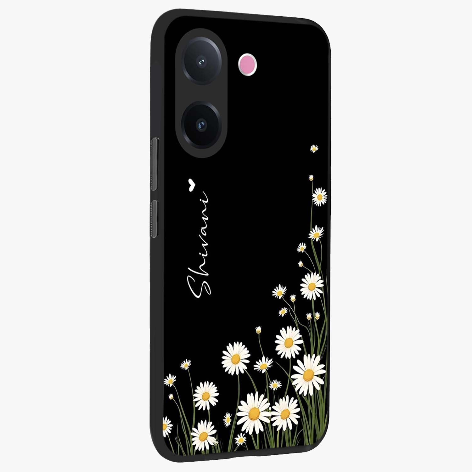 Daisy Cascade Custom Name Glass Case upright view showcasing elegant floral cascade design with personalized aesthetic.