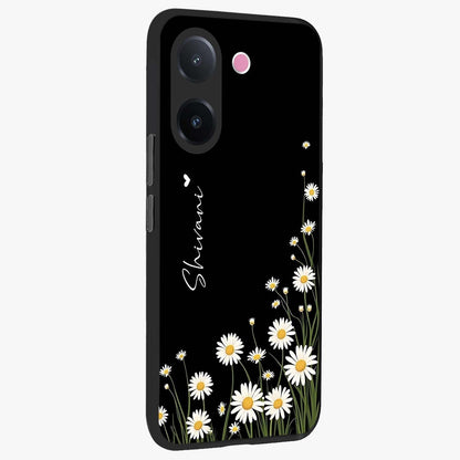 Daisy Cascade Custom Name Glass Case upright view showcasing elegant floral cascade design with personalized aesthetic.