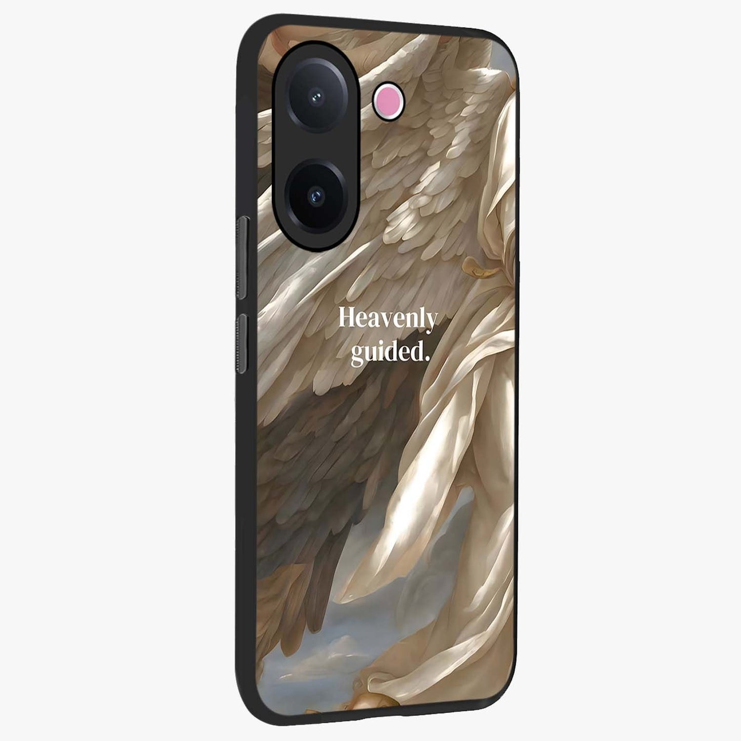 Divine Winged Grace Glass Case upright view showcasing spiritual wing artwork with soft celestial theme.