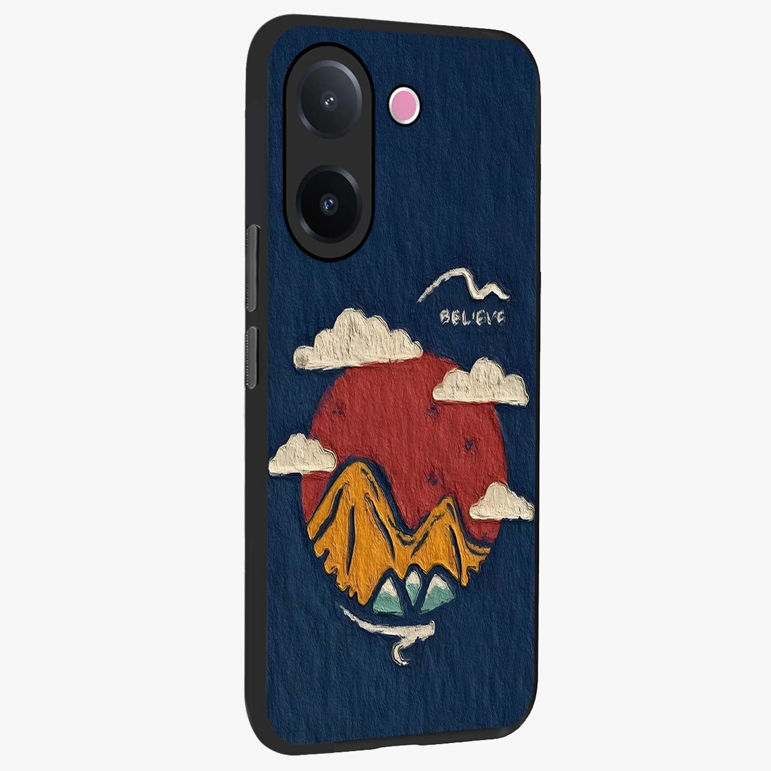 Dream Beyond Mountains Glass Case upright view showcasing beautiful mountain scenery with inspirational nature theme.