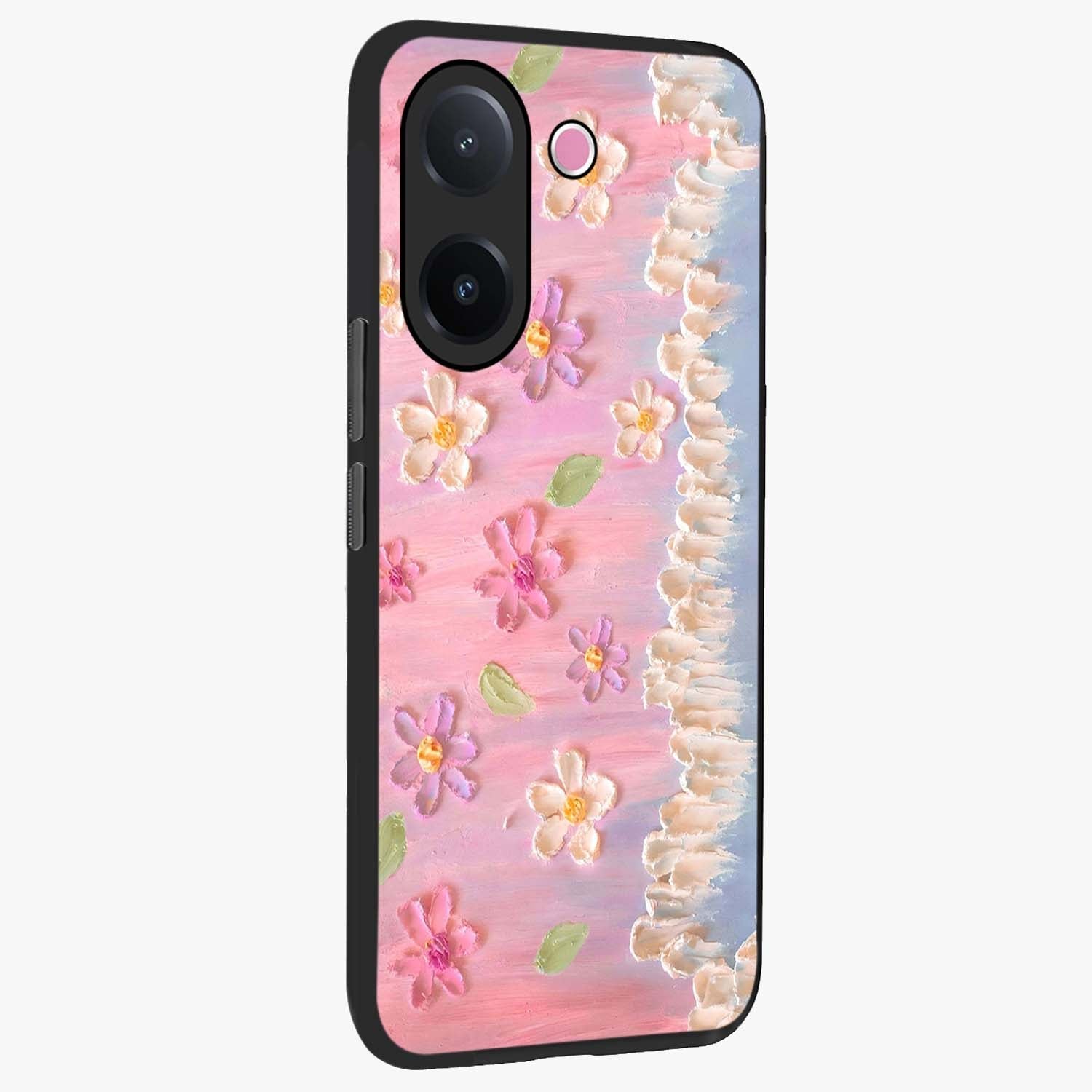Dreamy Painted Garden Glass Case upright view showcasing vibrant floral garden artwork with artistic nature theme.