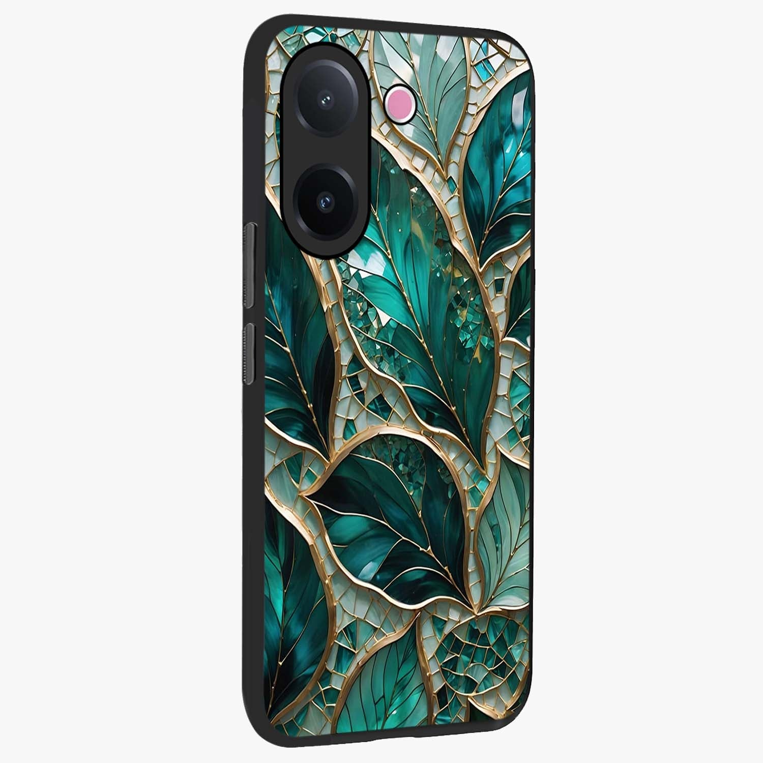 Emerald Leaf Glass Glass Case upright view showcasing fresh green leaf artwork with calming nature inspired style.