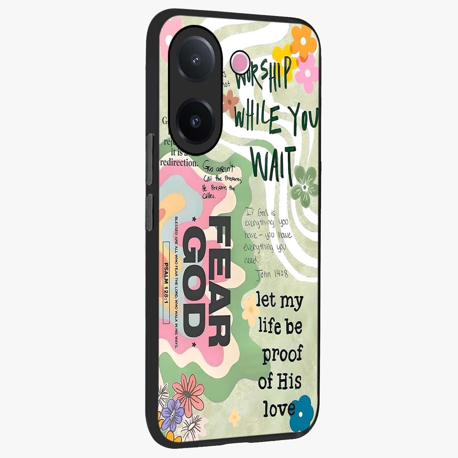 Faith Over Fear Glass Case upright view showcasing bold typography artwork with uplifting motivational theme.