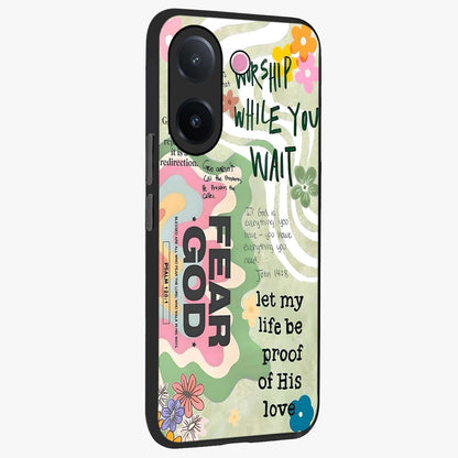 Faith Over Fear Glass Case upright view showcasing bold typography artwork with uplifting motivational theme.