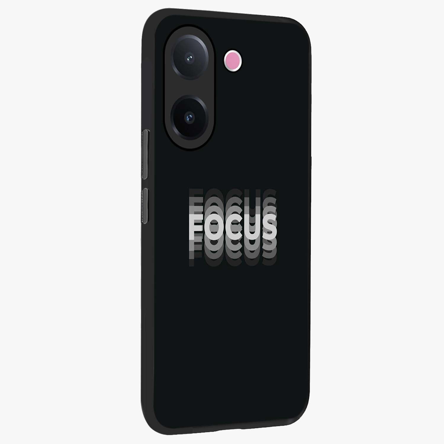 Focus Mode On Glass Case upright view showcasing strong typography statement with sleek motivational theme.