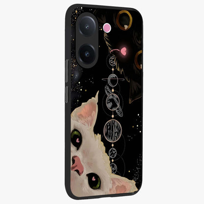 Galactic Cat Glass Case upright view showcasing mystical cat artwork with dreamy cosmic theme.
