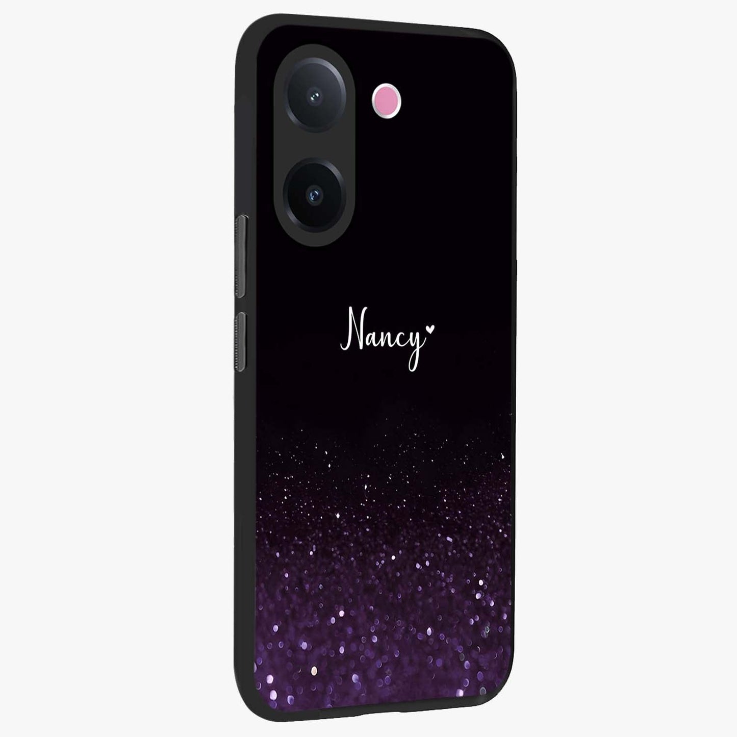 Glittery Purple Bokeh Custom Name Glass Case upright view showcasing vibrant purple sparkle artwork with personalized aesthetic style.