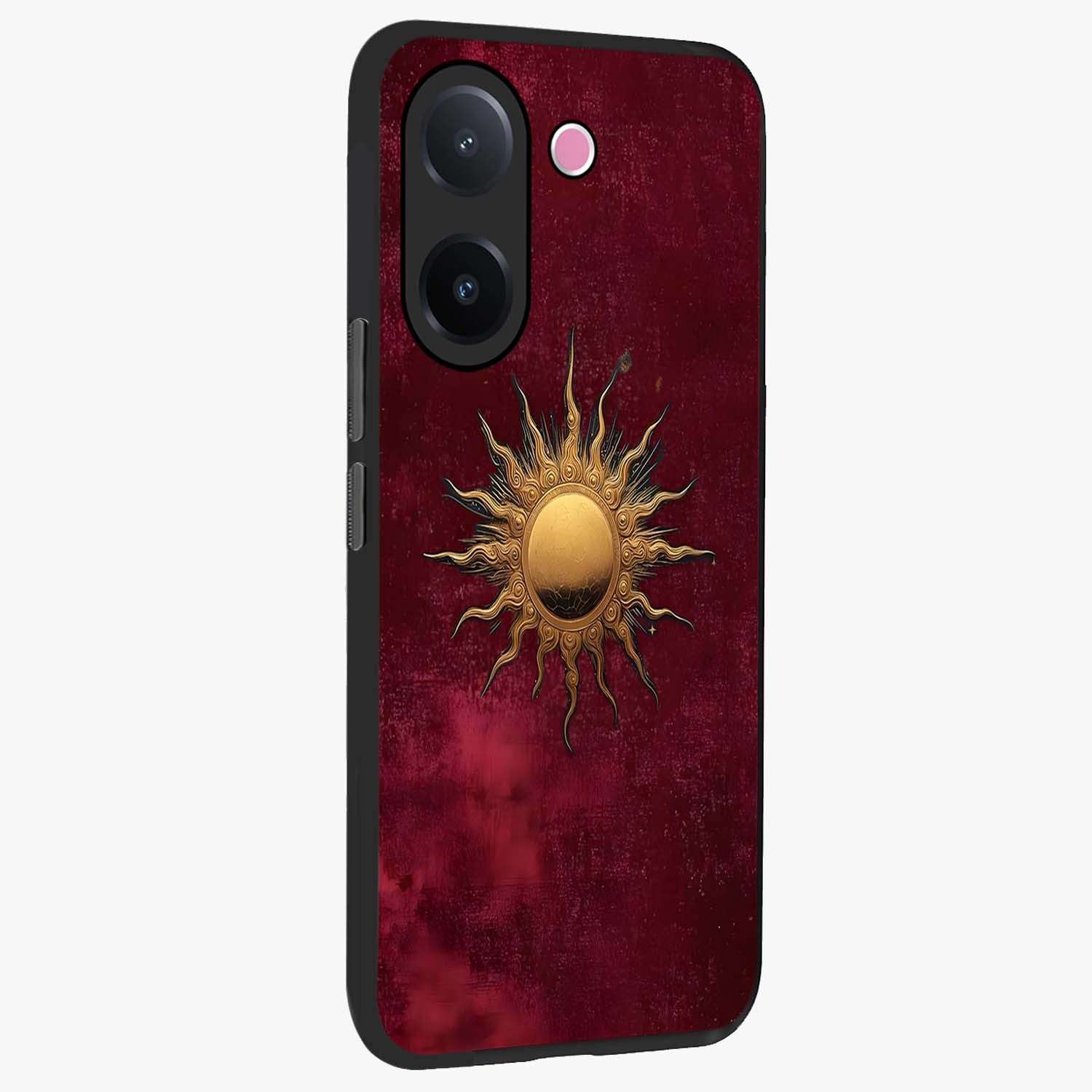 Golden Sun Minimalism Glass Case upright view showcasing simple golden sun artwork with elegant minimalist style.