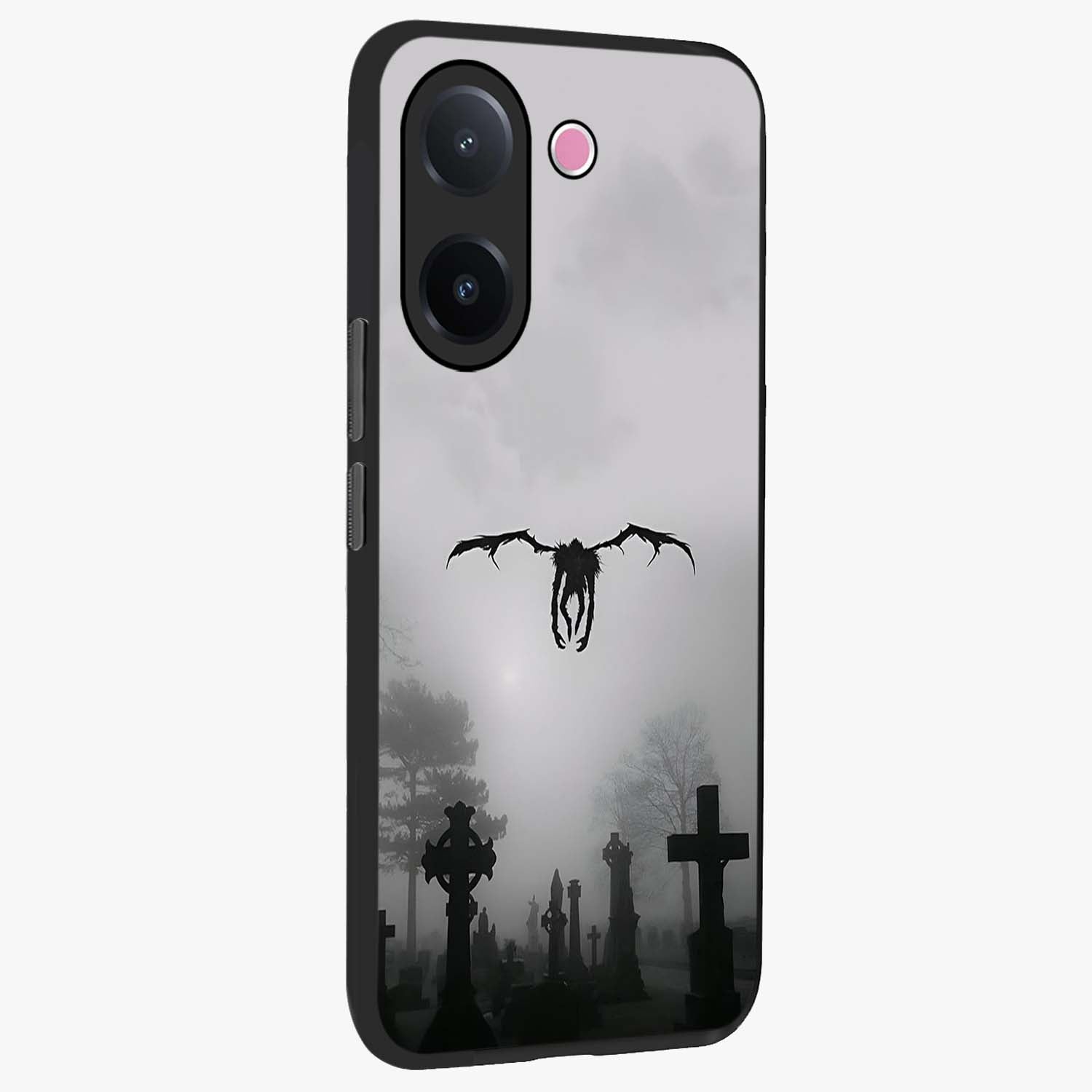 Graveyard Shadow Descent Glass Case upright view showcasing haunting graveyard artwork with dramatic dark theme.
