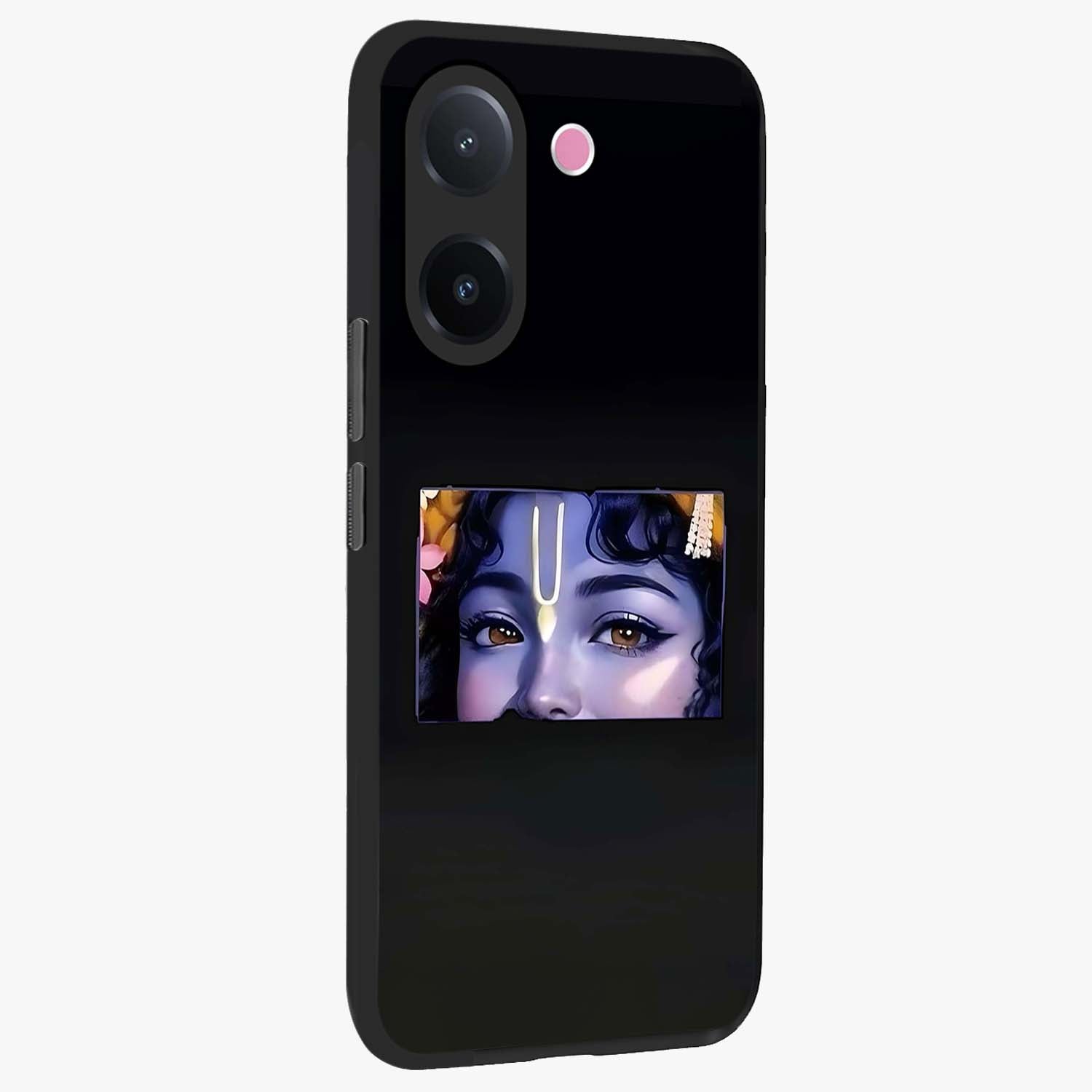 Krishna Divine Embrace Glass Case upright view showcasing sacred Krishna artwork with peaceful devotional theme.