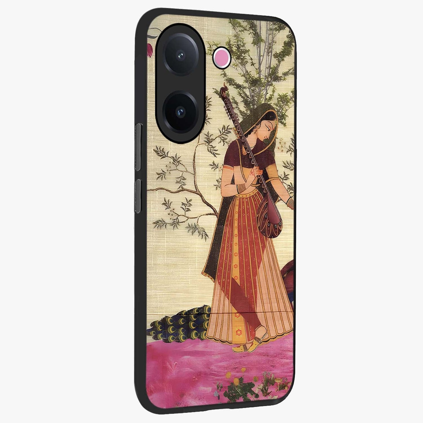 Lady With Veena Art Glass Case upright view showcasing classical veena artwork with traditional artistic theme.
