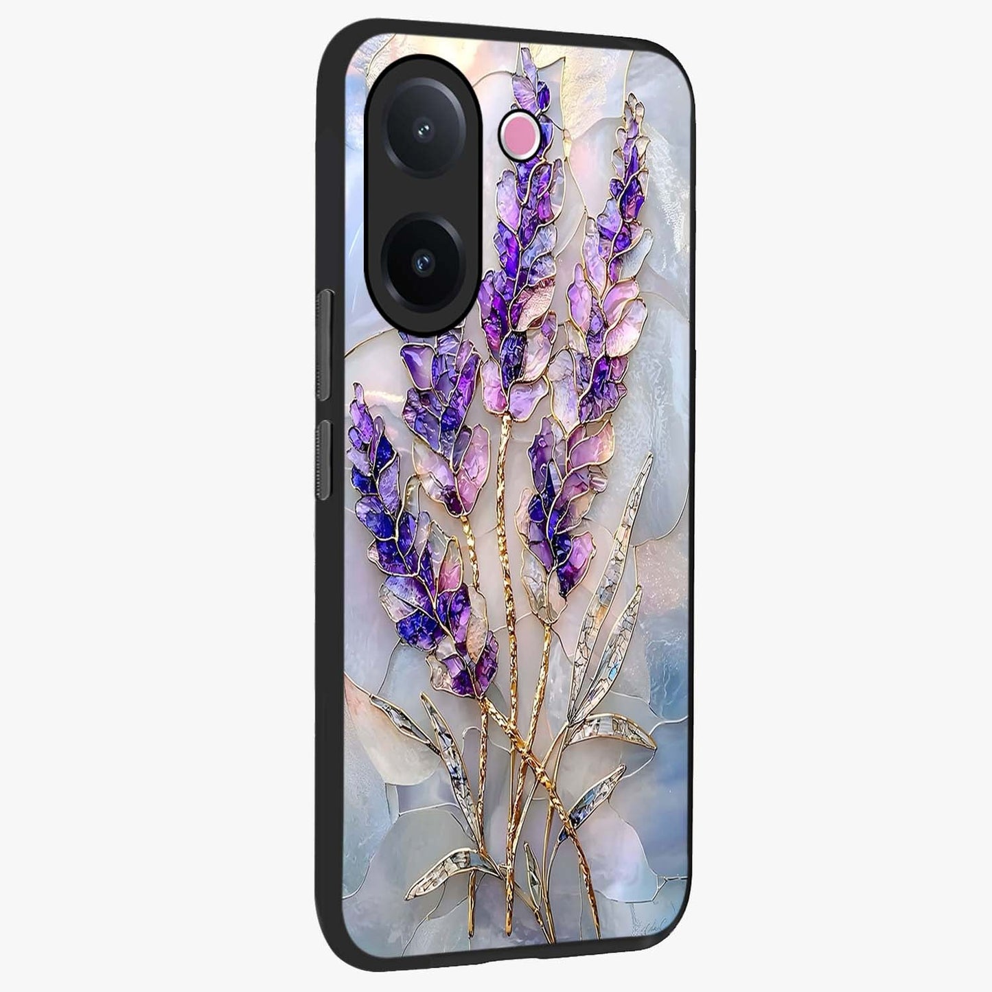 Lavender Dream Glow Glass Case upright view showcasing radiant lavender glow artwork with calming dreamy theme.