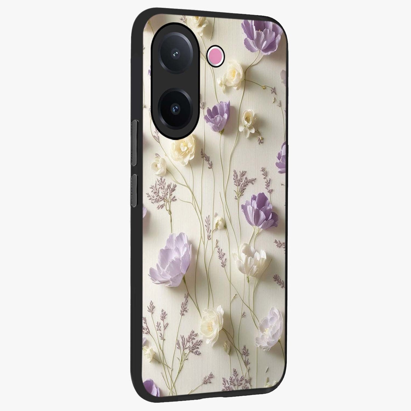 Lilac Breeze Harmony Glass Case upright view showcasing delicate lilac artwork with peaceful floral theme.