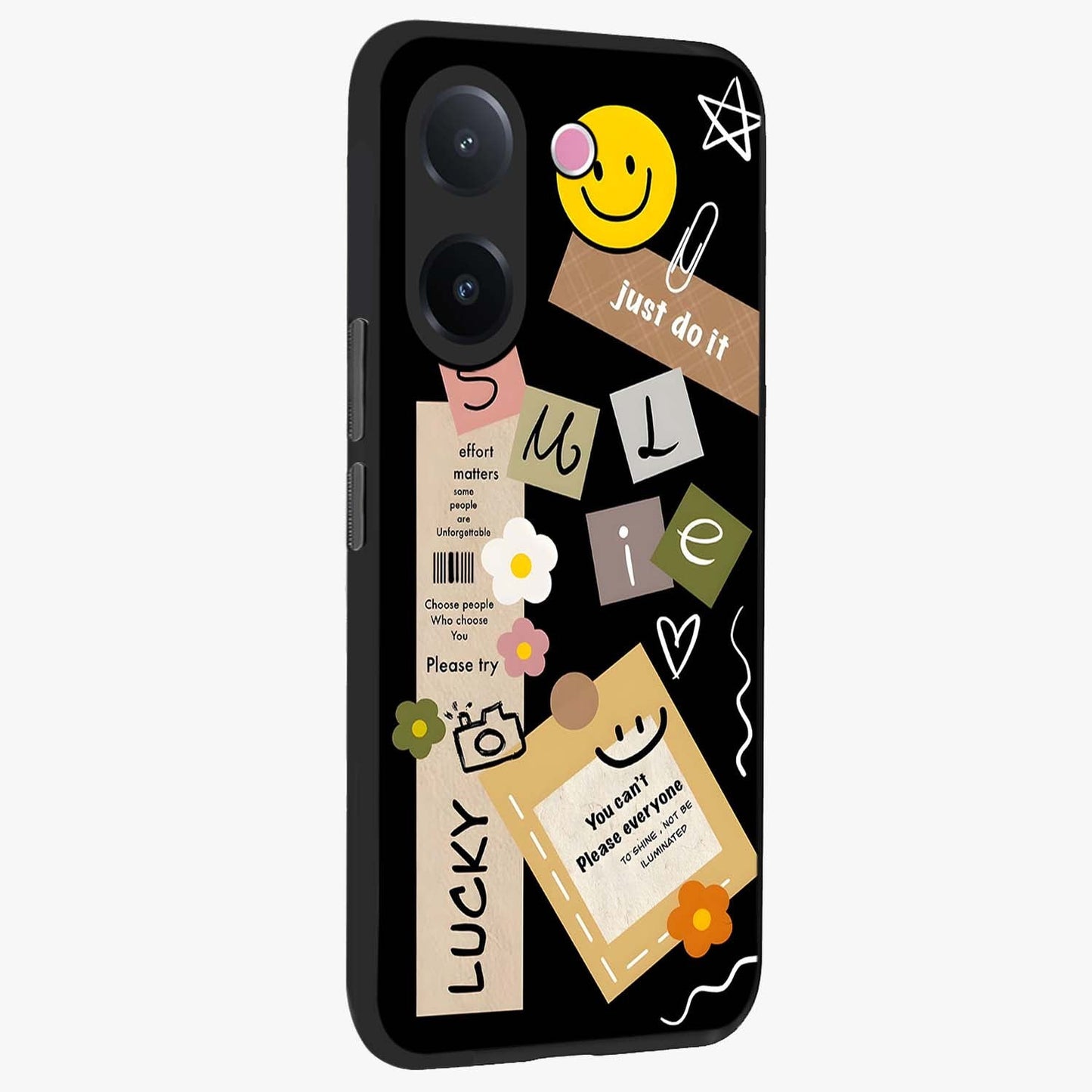 Lucky Aesthetic Collage Glass Case upright view showcasing vibrant collage artwork with youthful aesthetic theme.