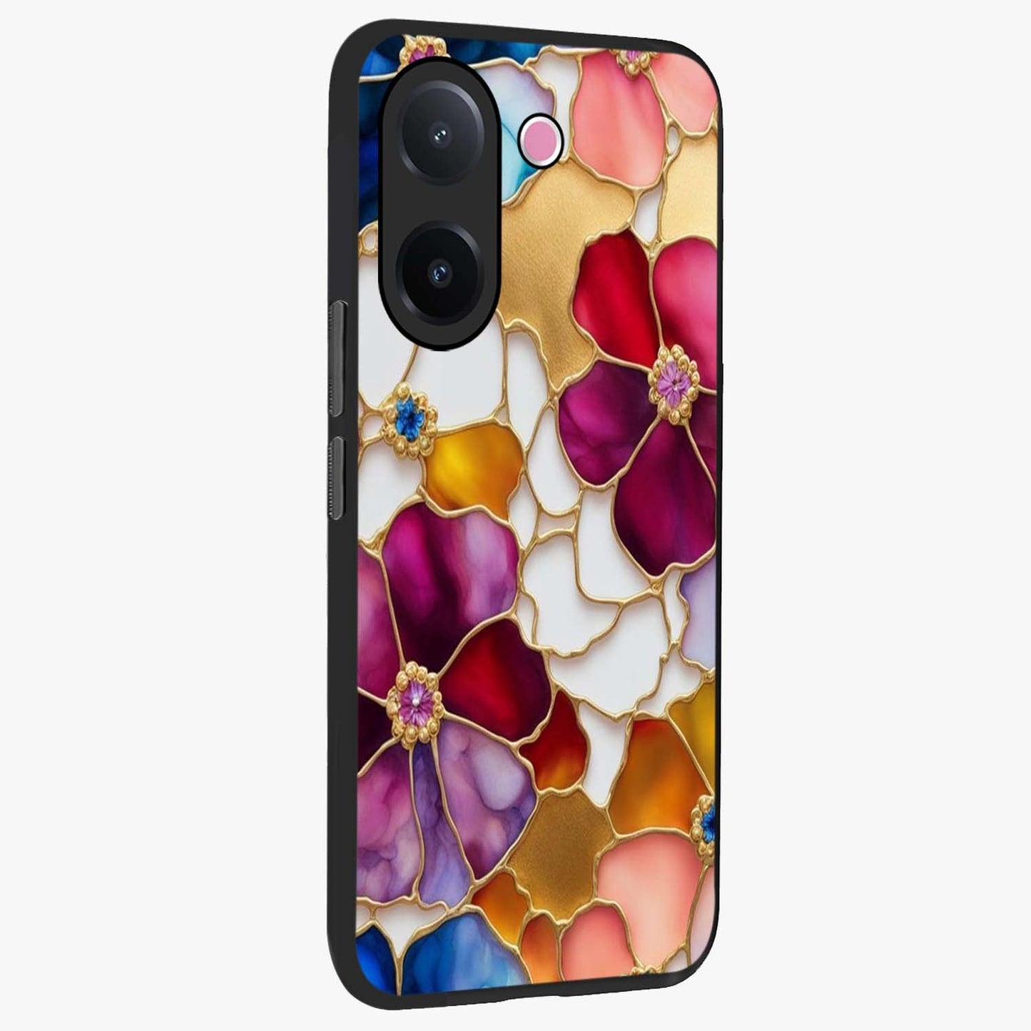 Marble Flower Pattern Glass Case upright view showcasing decorative marble flower artwork with refined style.