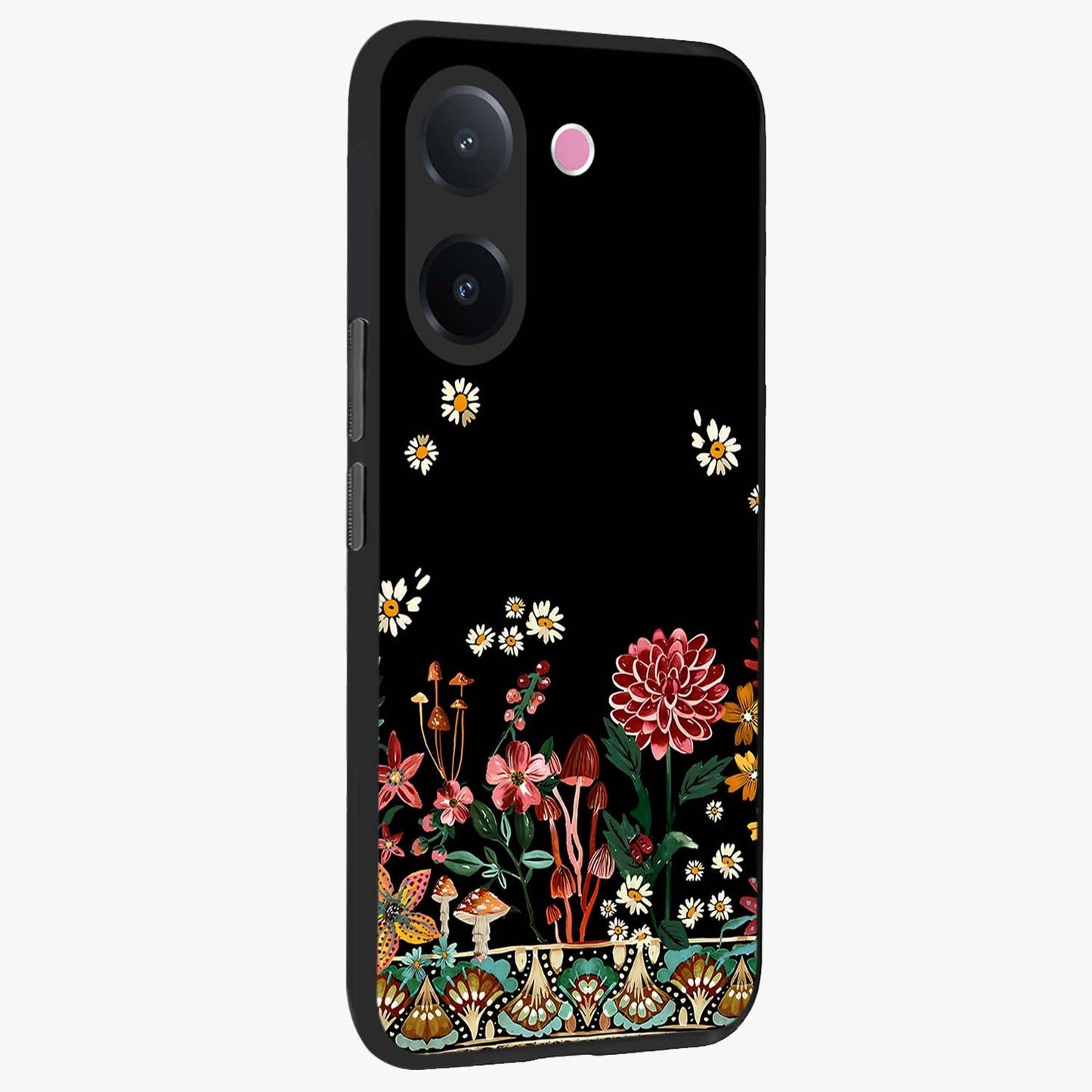 Midnight Bloom Pattern Glass Case upright view showcasing decorative floral artwork with deep night themed palette.