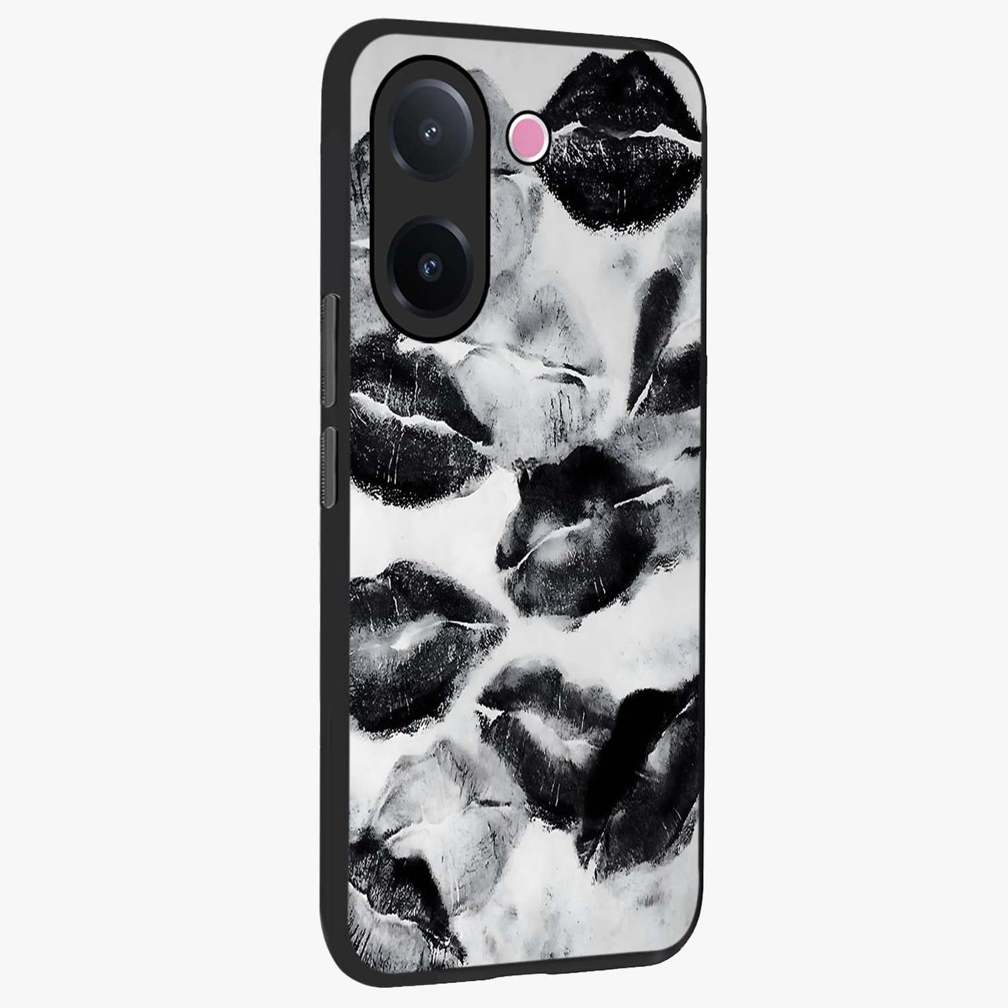 Midnight Kiss Marks Glass Case upright view showcasing stylish kiss mark artwork with trendy romantic theme.