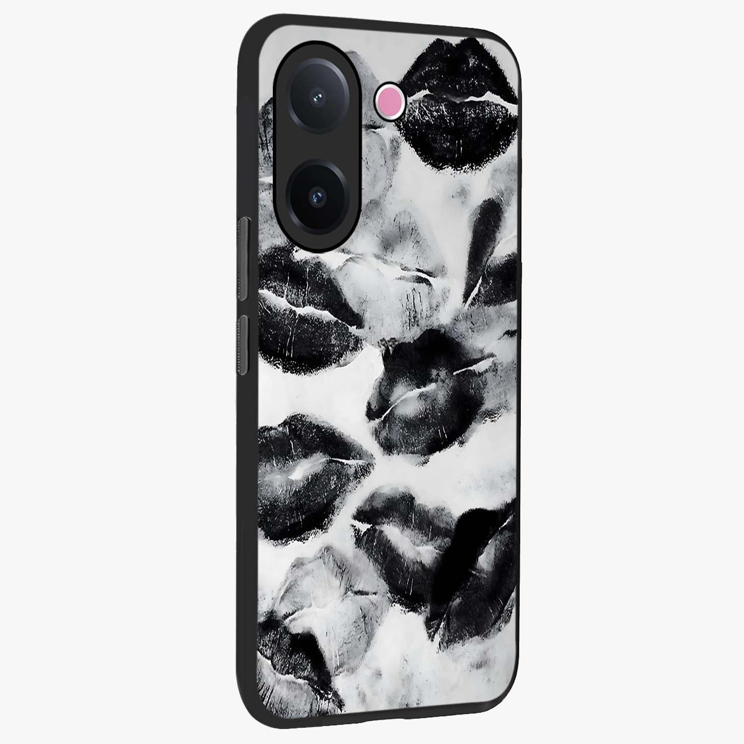 Midnight Kiss Marks Glass Case upright view showcasing stylish kiss mark artwork with trendy romantic theme.