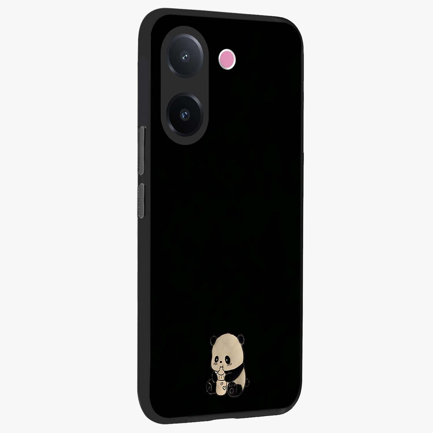 Midnight Panda Love Glass Case upright view showcasing charming panda artwork with playful romantic theme.