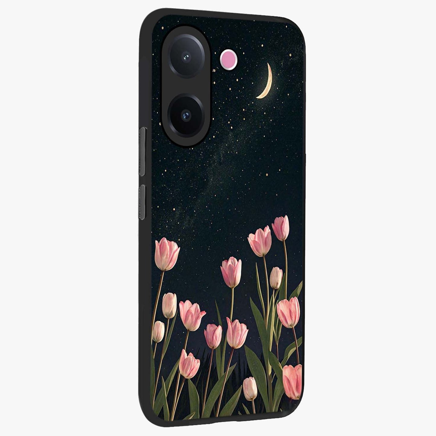 Midnight Tulip Whispers Vibe Glass Case upright view showcasing graceful tulip artwork with calm botanical theme.