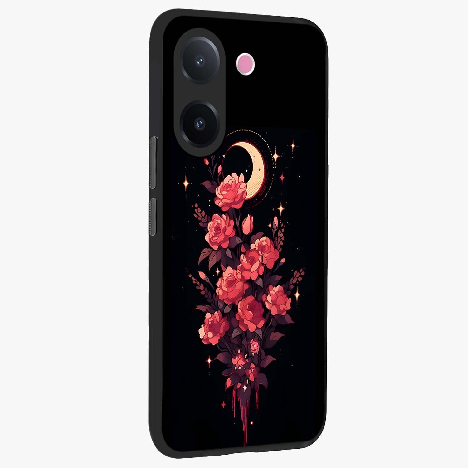 Moonlit Floral Elegance Glass Case upright view showcasing delicate floral artwork with refined night inspired theme.