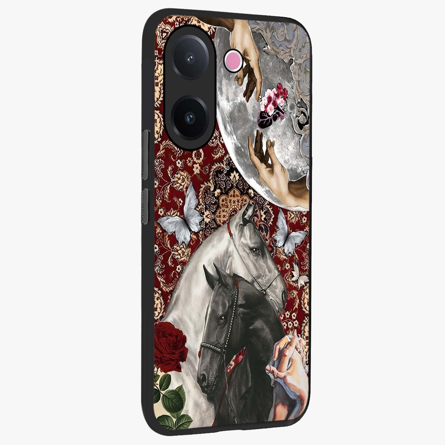 Moonlit Royal Stallion Glass Case upright view showcasing dramatic horse artwork with glowing moon themed design.