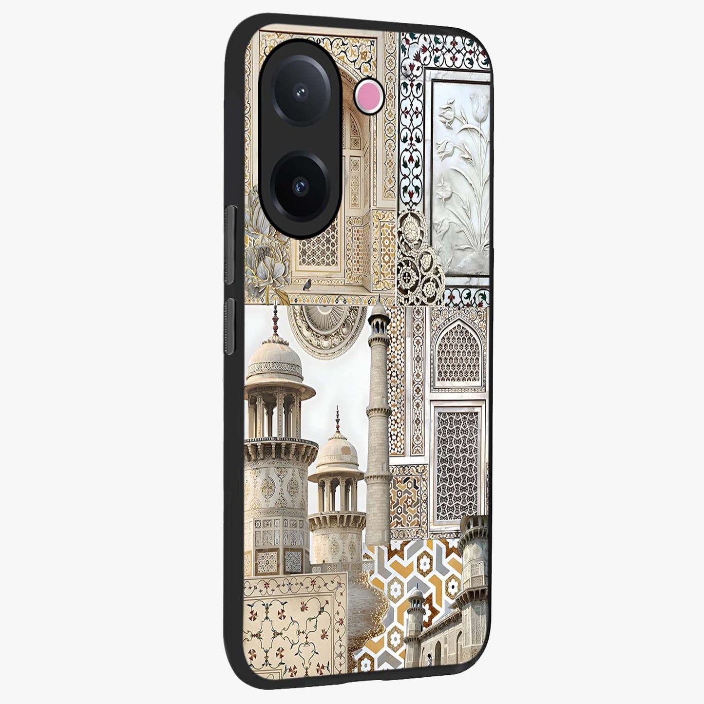 Mughal Marble Legacy Glass Case upright view showcasing ornate Mughal design with luxurious traditional theme.