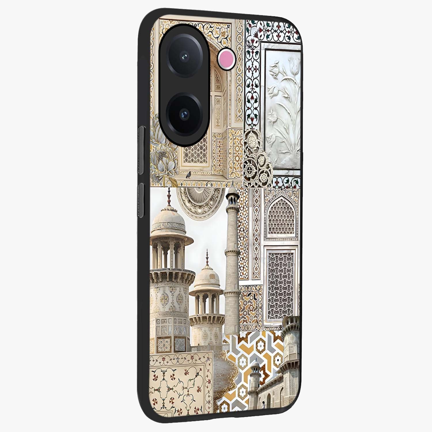 Mughal Marble Legacy Glass Case upright view showcasing ornate Mughal design with luxurious traditional theme.